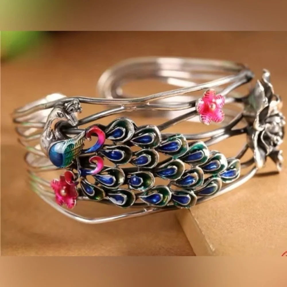 Sterling Silver Peacock Bangle Bracelet Cuff